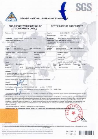 PVOC Certificate certificate from SHANDONG TAVOL MACHINERY CO., LTD.
