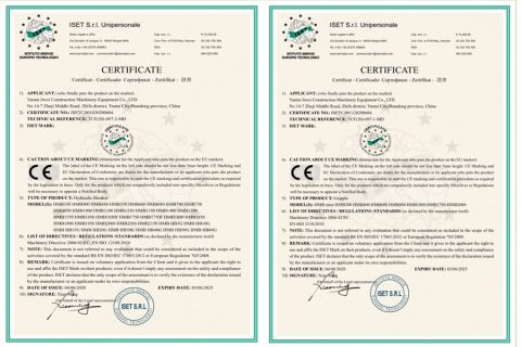 hydraulic breaker and hydraulic grapple CE certificate of Yantai Jiwei Construction Machinery Equipment Co., Ltd. – certificate photo, supplier certificates section