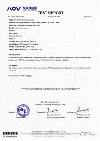 A001T130411031001 certificate from Xiamen Yoyo Ceramic Trading Co., Ltd.