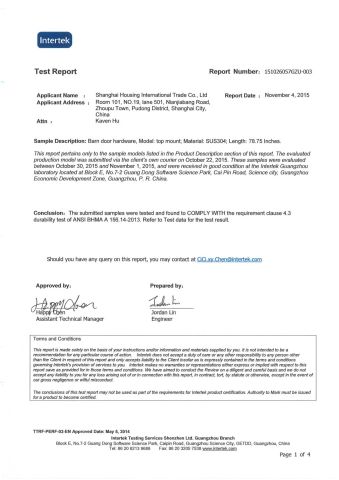 Barn Door Hardware Test Report certificate from Shanghai Housing International Trade Co., Ltd.