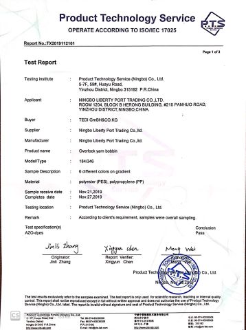 test report certificate from Ningbo Liberty Port Textile Co., Ltd.