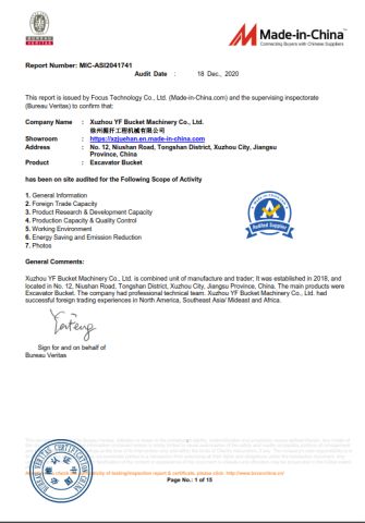 BV Certificate certificate from Xuzhou YF Bucket Machinery Co., Ltd.