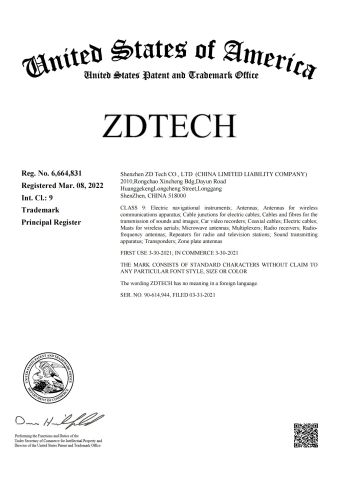 The United States trademark certificate of Shenzhen Zd Tech Co., Ltd – certificate photo, supplier certificates section