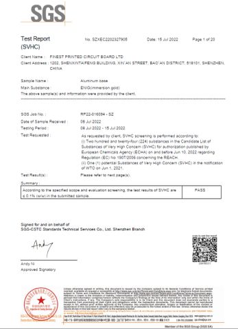 Aluminum  immersion glod   REACH test report certificate from Finest Printed Circuit Board Ltd.