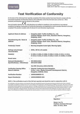 CE Certificate for Warning Lamps certificate from Hangzhou Safer Traffic Facilities Co., Ltd.