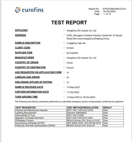 Reach,EN71 certificate from Hangzhou Ez Leisure Co., Ltd