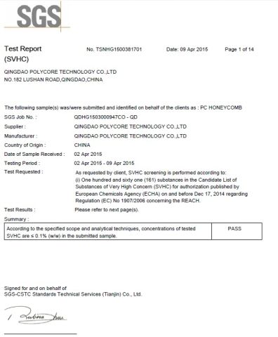 REACH CERTIFICATE certificate from Qingdao Polycore Technology Co., Ltd.