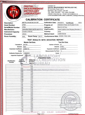 calibration certificate for Metric Gauge Block set certificate from Shenzhen Pride Instrument Inc.
