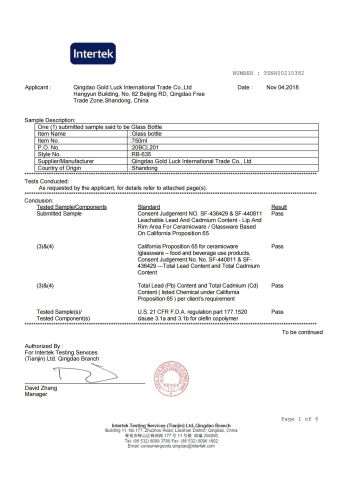 FDA certificate from SHANDONG JINGNA GLASS CO., LTD.