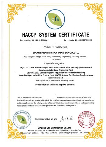 HACCP certificate from Jinan Farming Star Imp. & Exp. Co., Ltd.