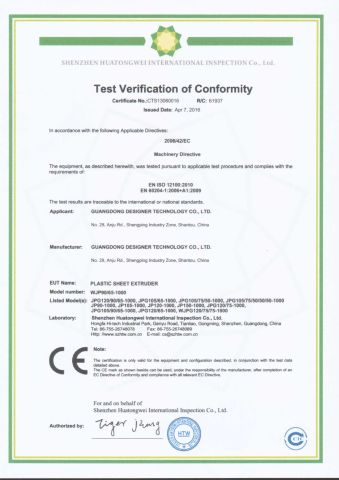 CE Certificate of Plastic Sheet Extruder certificate from Shantou Designer Precise Machinery Co., Ltd