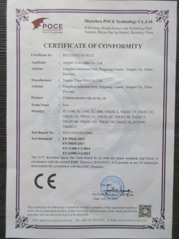 CE certificate certificate from Hebei Yimei Bike Co., Ltd.