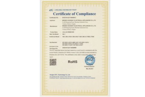 Rohs certificate from Ningbo Zikai Electrical Appliance Co., Ltd.