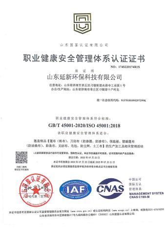 ISO 45001 certificate from Shandong Yanxin Environmental Protection Technology Co., Ltd