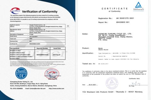 Certificate display certificate from XIANGJIN (TIANJIN) CYCLE CO.,LTD.