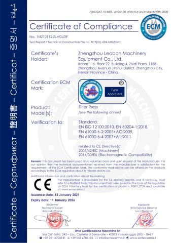Filter Press CE certificate of Zhengzhou Leabon Machinery Equipment Co., Ltd. – certificate photo, supplier certificates section