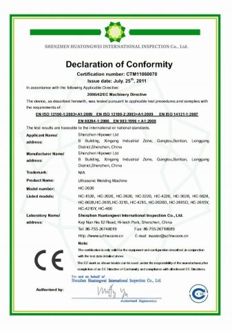 CE for Ultrasonic welding machine certificate from DONGGUAN HIPOWER LTD