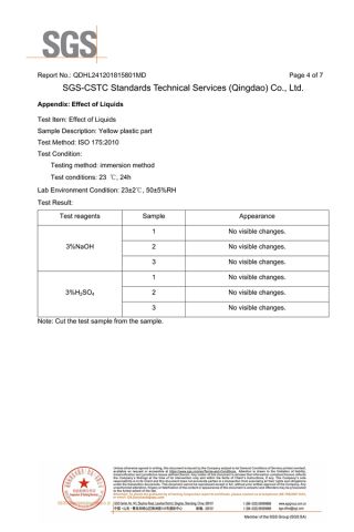 ISO 175:2010 Acid and alkali corrosion resistance certificate from JINHUA KANGYUAN MEDICAL DEVICE CO., LTD