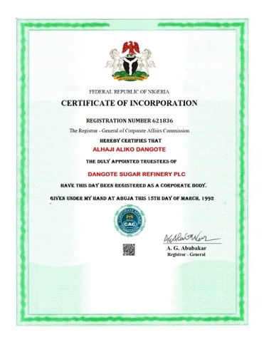 CAC certificate from Dangote Sugar Group