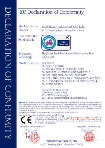 Hardcover book creasing machine certificate of Zhengzhou Allraise Company Ltd. – certificate photo, supplier certificates section