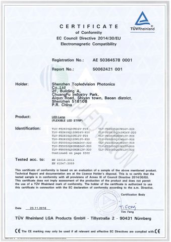 TUV CE-1 certificate of Shenzhen Topledvision Lighting Co., Ltd. – certificate photo, supplier certificates section