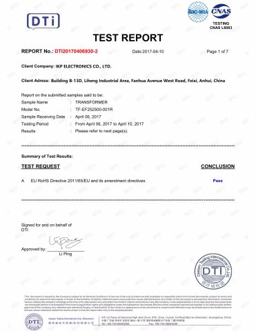 RoHS of Transformers certificate from IKP ELECTRONICS CO., LTD.