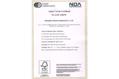 FSC certificate from Shenzhen Likexin Industrial Co., Ltd.