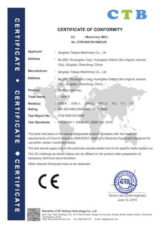 CE certificate from Qingdao Tokays Machinery Co., Ltd.