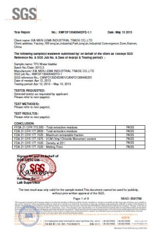 water bladder FDA standard test by SGS certificate from Xiamen Lemay Trading Co., Ltd.