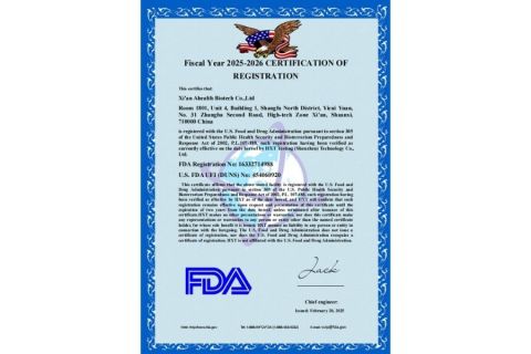 FDA certificate from Xi'an Ahealth Biocech Co.,Ltd