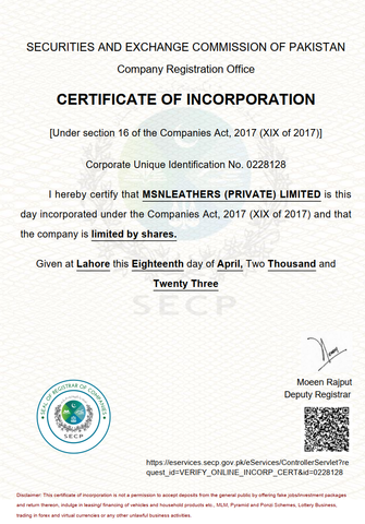 Incorporation Certificate certificate from Msn Leathers Private Limited