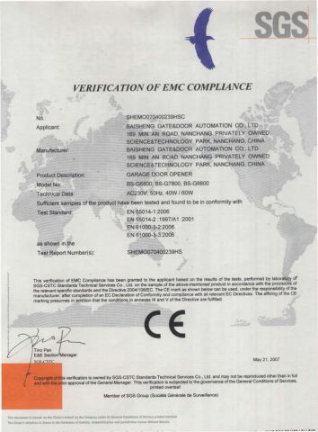 GARAGE DOOR OPENER,G6800,G7800,G8800(EMC OF CE) certificate from BISEN SMART ACCESS CO., LTD.