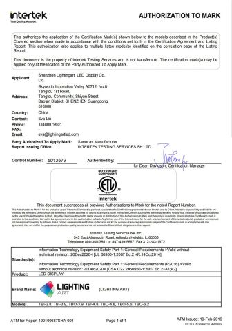 ETL certification certificate from Shenzhen Lightingart LED Display Co., Ltd.