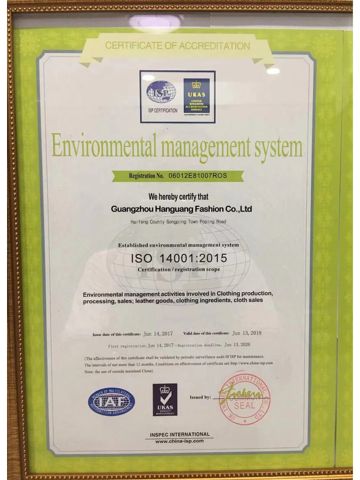 iso14001 certificate from Guangzhou Hanguang Fashion Co., Ltd