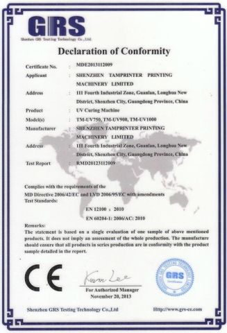 UV Machine CE Certificate certificate of Shenzhen Tamprinter Printing Machin – certificate photo, supplier certificates section