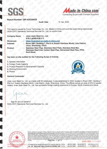 SGS certificate of Jinan Jiujin Steel Co., Ltd. – certificate photo, supplier certificates section