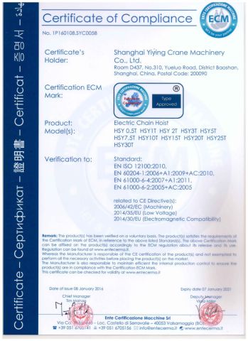 Certification of HSY electric hosit crane certificate from Shanghai Yiying Crane Machinery Co., Ltd.
