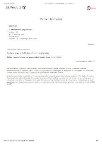 UL CERTIFICATES certificate from EC Hardware Co., Ltd.