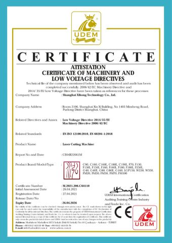 CE Certification of Laser Cutting Machine certificate from Shanghai Xi Hong Technology Co., Ltd.