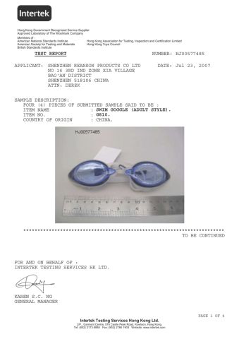 TEST REPORT of SWIMMING GOGGLES certificate from Shenzhen Reanson Products Co., Ltd.
