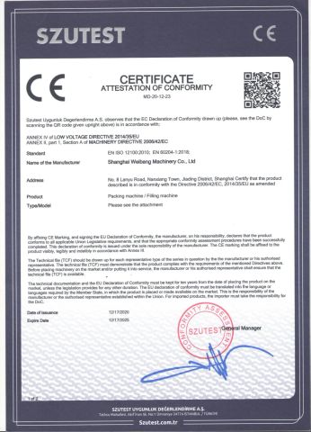 CE certificate of Shanghai Weibang Machinery Co., Ltd – certificate photo, supplier certificates section