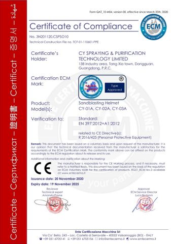 CE Certificate of Compliance certificate from CY Spraying & Purification Technology Limited