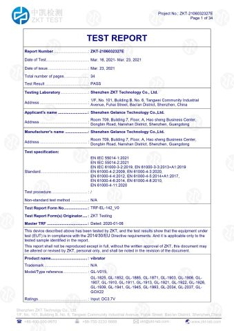 test report certificate from Shenzhen Gelances Technology Co., Ltd