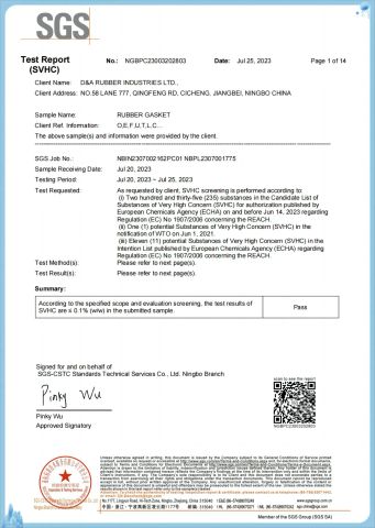 REACH certificate from D&A Rubber Industries Ltd.