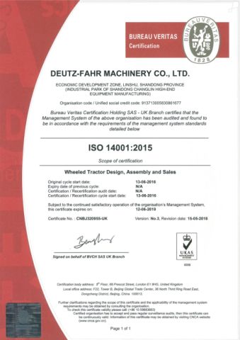 ISO14001 certificate certificate from DEUTZ-FAHR MACHINERY CO., LTD.