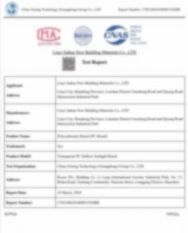 polycarbonate sheet testing report certificate of Linyi Geeluck Building Material Co., Ltd. – certificate photo, supplier certificates section