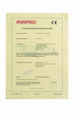 Earmuffs CE Certifcate certificate from Yulong Safety Tools Manufacture Corp., Ltd.