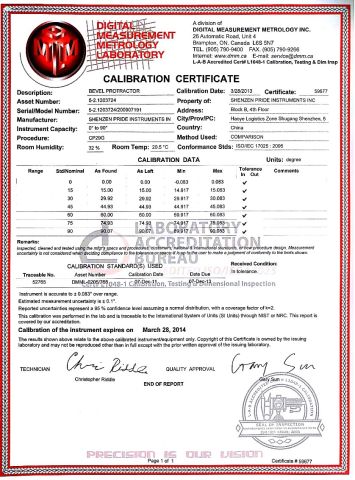 certificate of Bevel protractor certificate from Shenzhen Pride Instrument Inc.