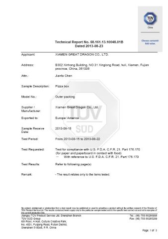 FDA certificate from Xiamen Great Dragon Co., Ltd.