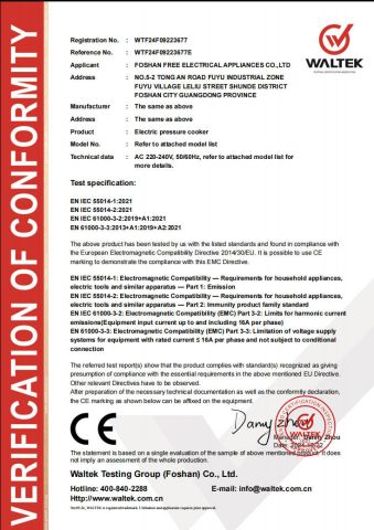 CE-EMC Certificate certificate from Foshan Free Electric Appliances Co., Ltd
